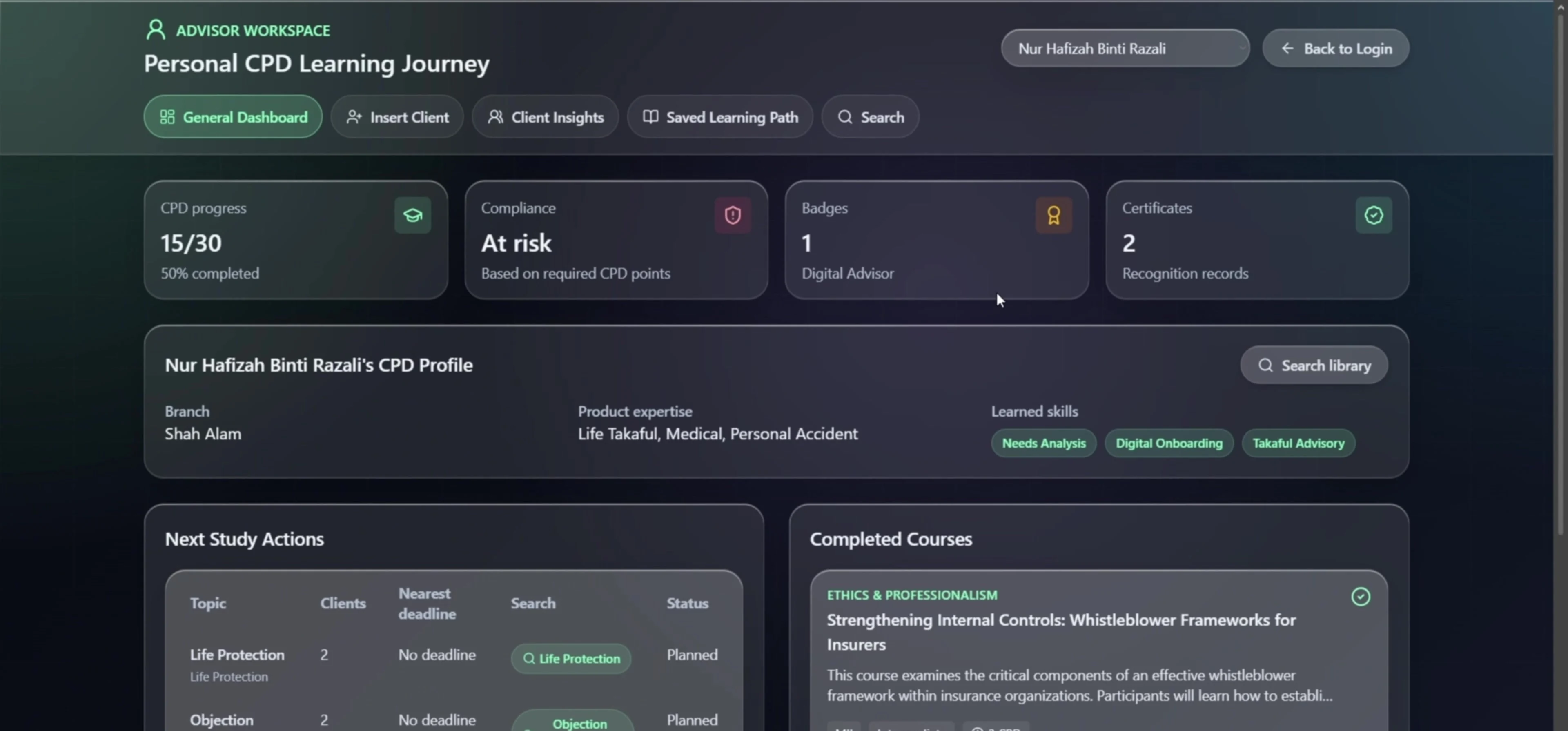 Intelligent CPD advisor dashboard showing learning progress and next study actions.