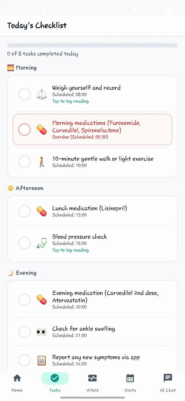 MediSync+ daily care checklist with medication and symptom check-in tasks.