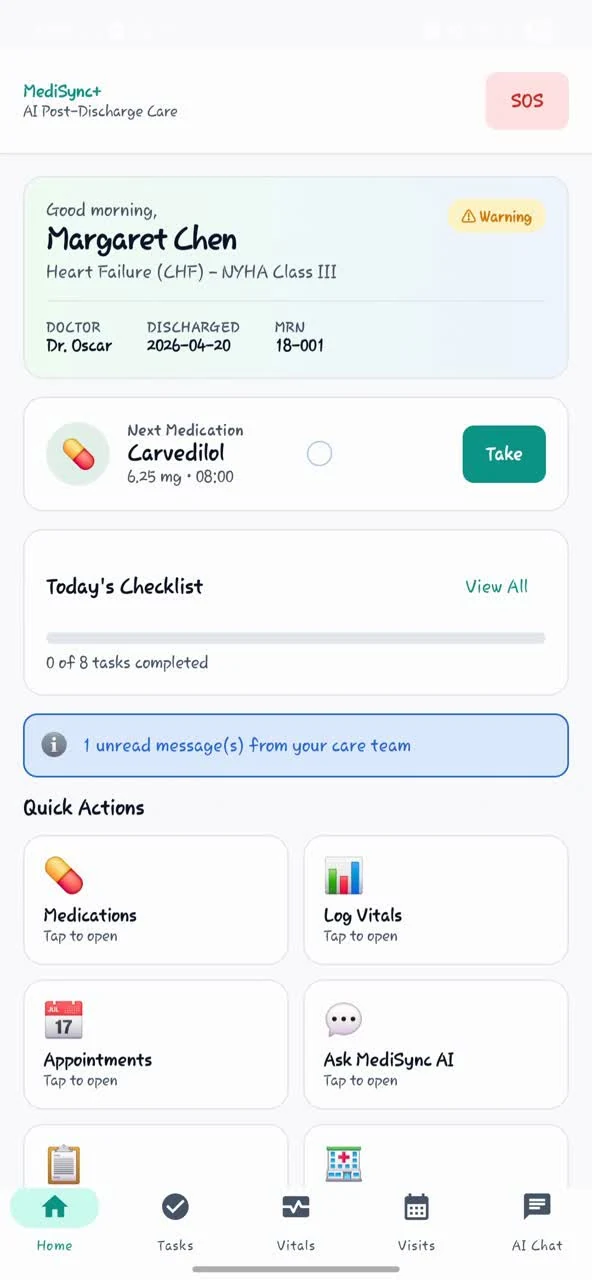 MediSync+ prototype patient home screen with medication, daily tasks and care shortcuts.