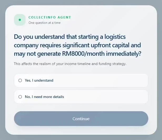 NextChapter clarification question about startup capital and an example income goal, with two response choices.