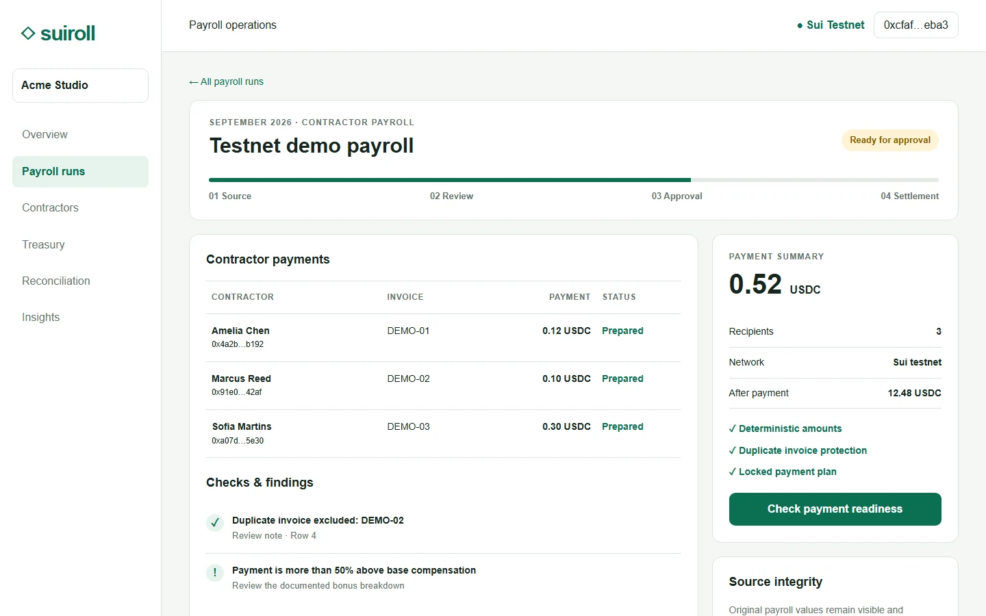 Suiroll testnet payment review with recipients, exact amounts and validation findings.