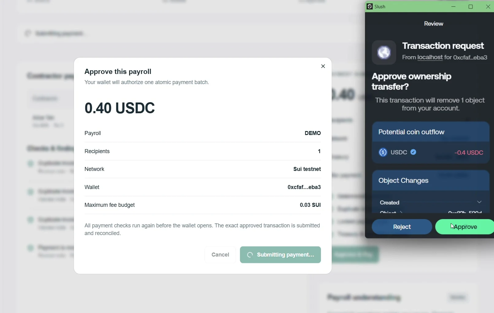 Recorded Suiroll testnet approval summary and wallet authorization request.