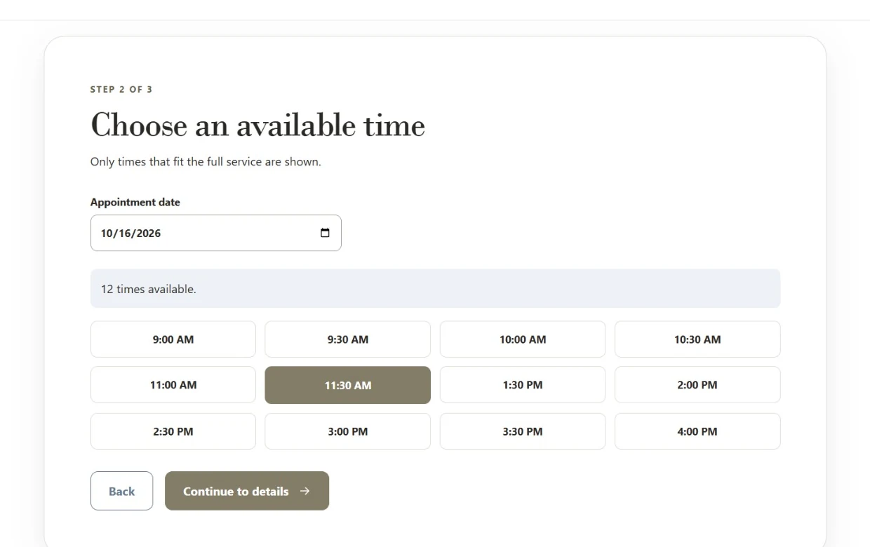 Appointment date picker and available time slots in the WeekEnd Nails demo.