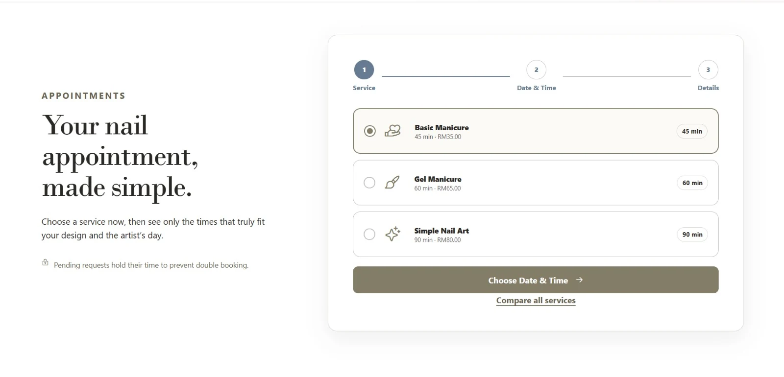 WeekEnd Nails demo appointment website with service selection, prices and durations.