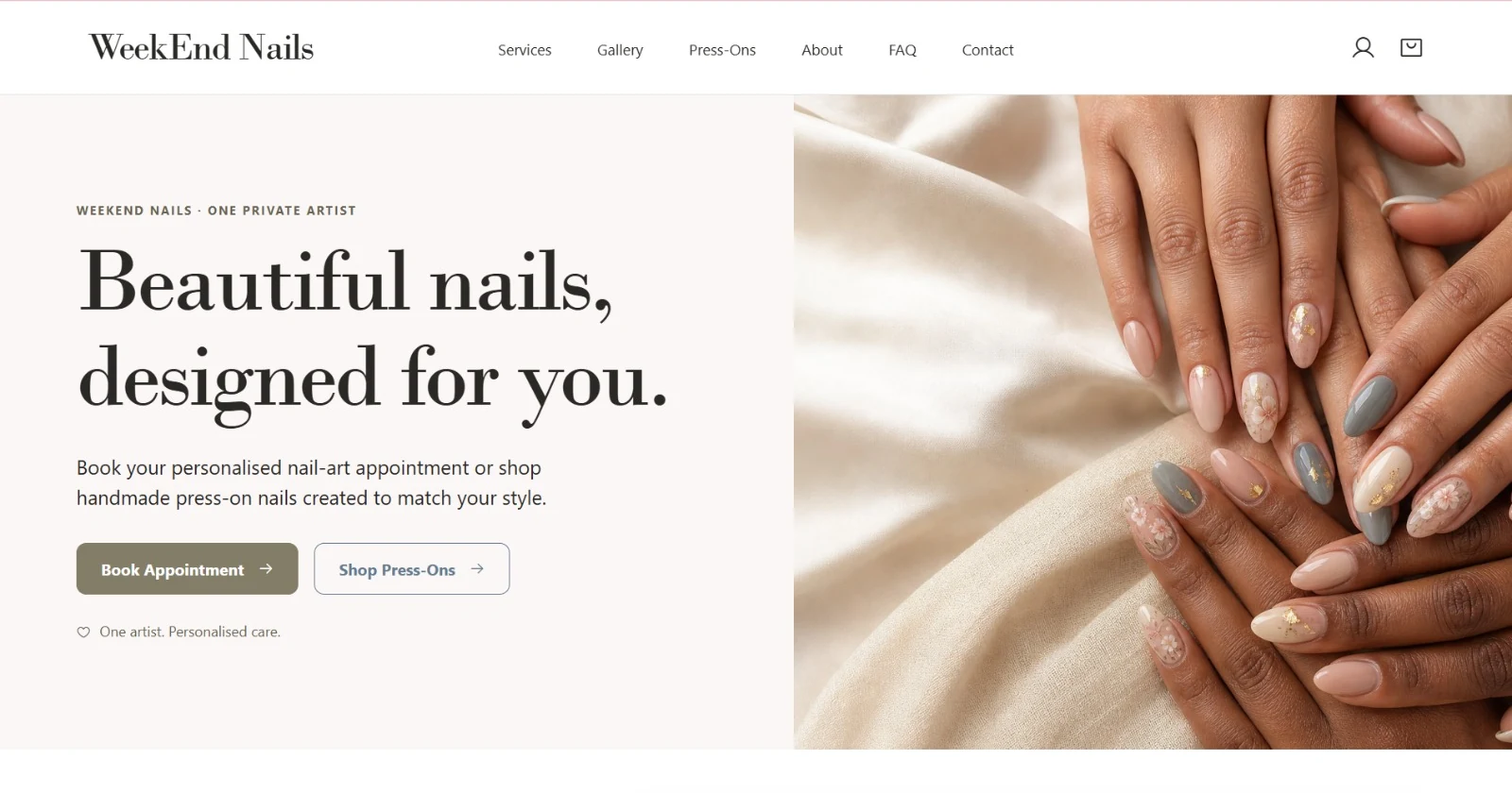 WeekEnd Nails home page with studio introduction, booking and press-on shopping options.