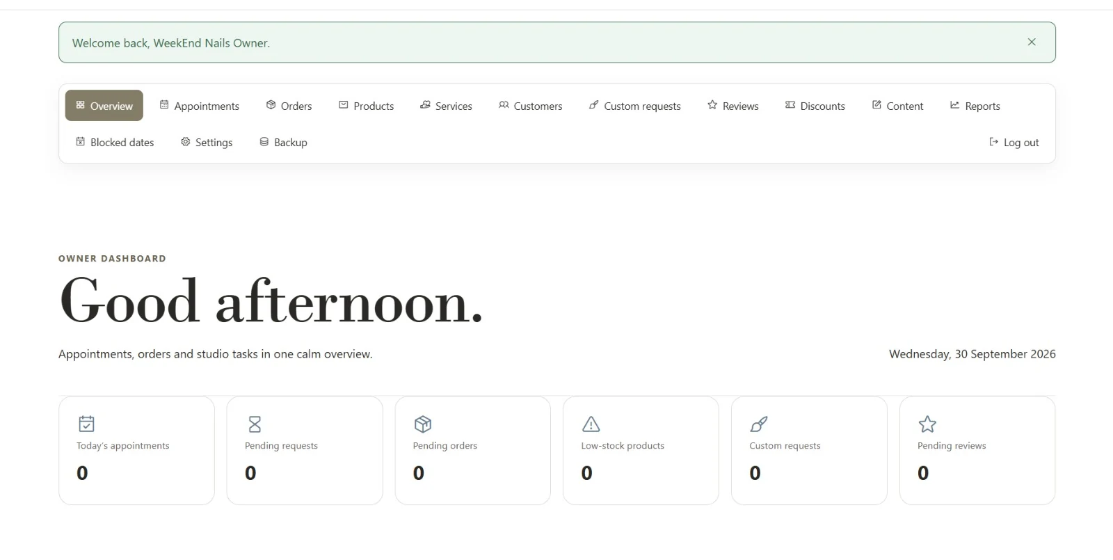 WeekEnd Nails owner dashboard and management navigation.