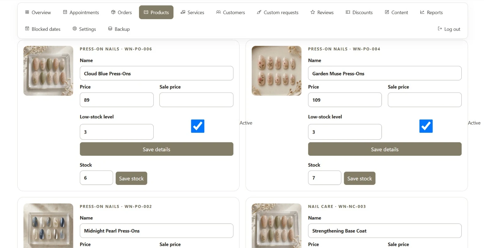 Owner product management interface with product names, price and stock fields.
