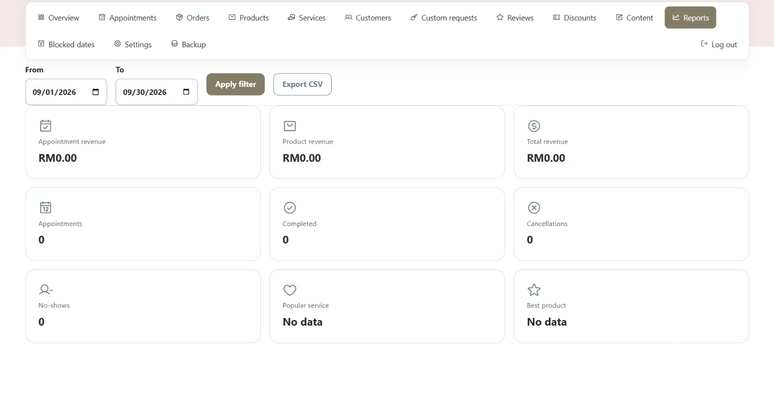 Demo owner reports screen with date filters, export control and empty activity summaries.